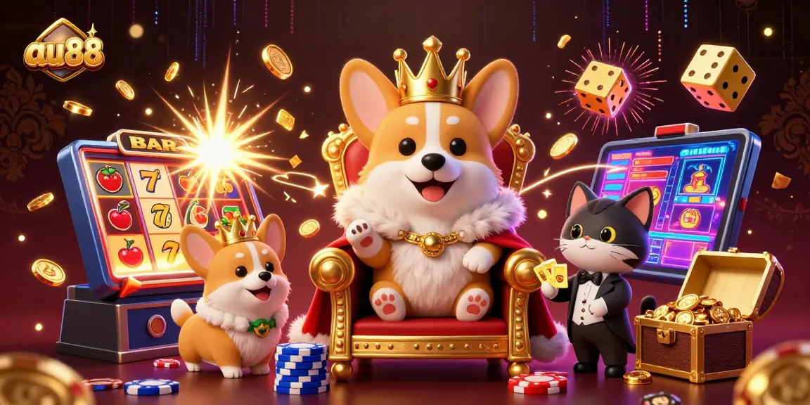Play with exciting games at au88, featuring a royal corgi and thrilling jackpot scenes.