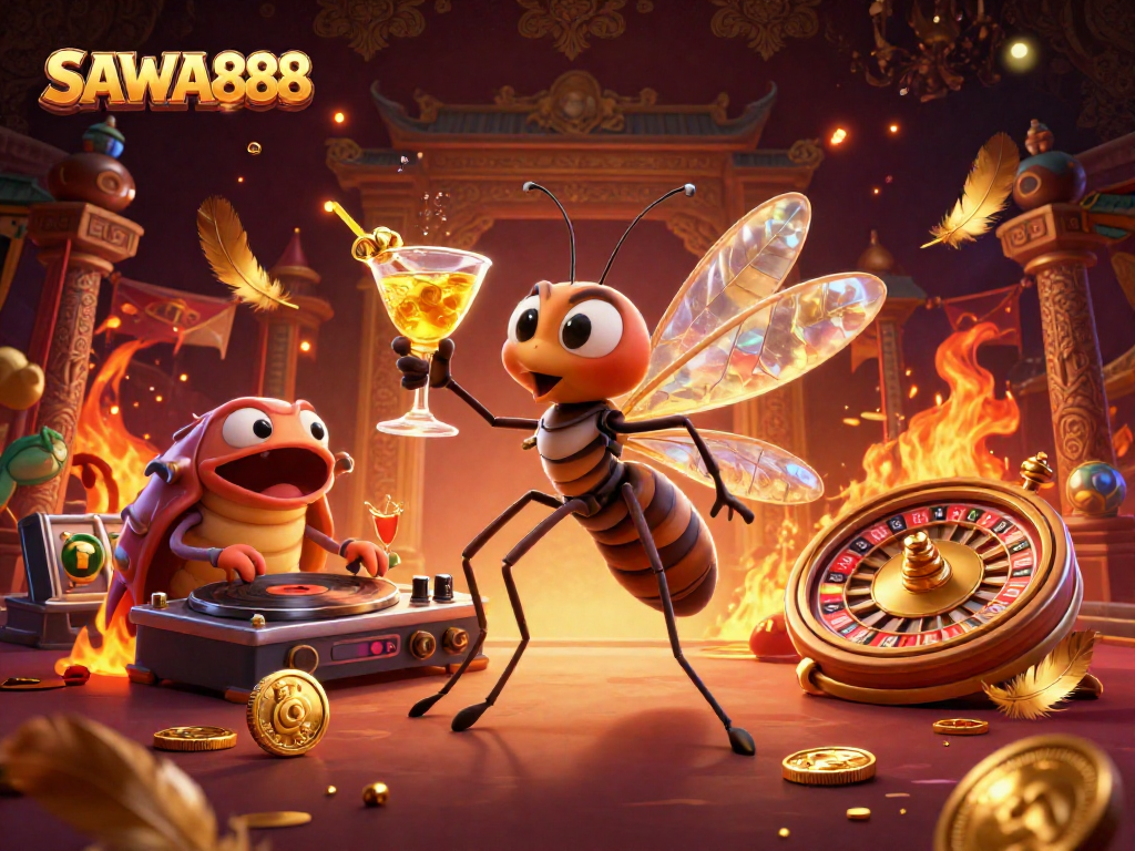 Experience SAWA888 excitement with a lively illustration featuring animated casino characters and dynamic game elements.