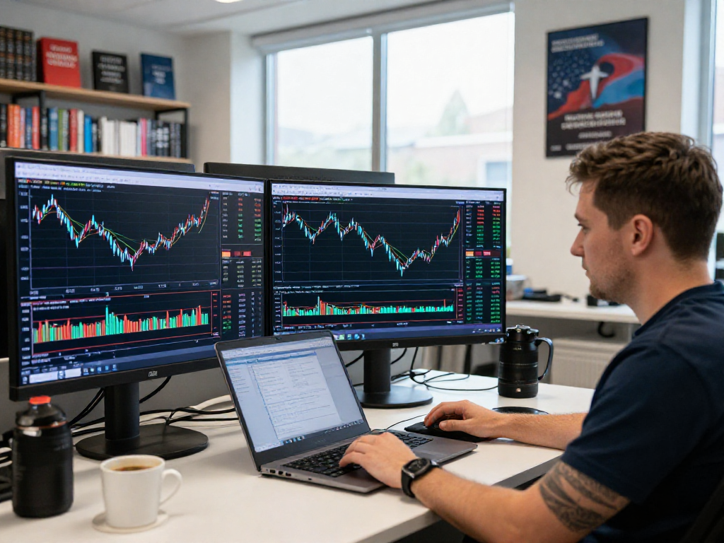 MetaTrader 5 交易员在现代金融办公室中使用多屏幕交易软件，专注于实时市场数据分析