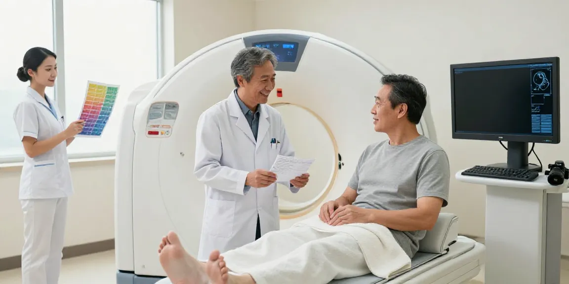 Moderne Radiologie Wolfsburg: Freundlicher Radiologe erklärt einem Patienten den Ablauf einer CT-Untersuchung.