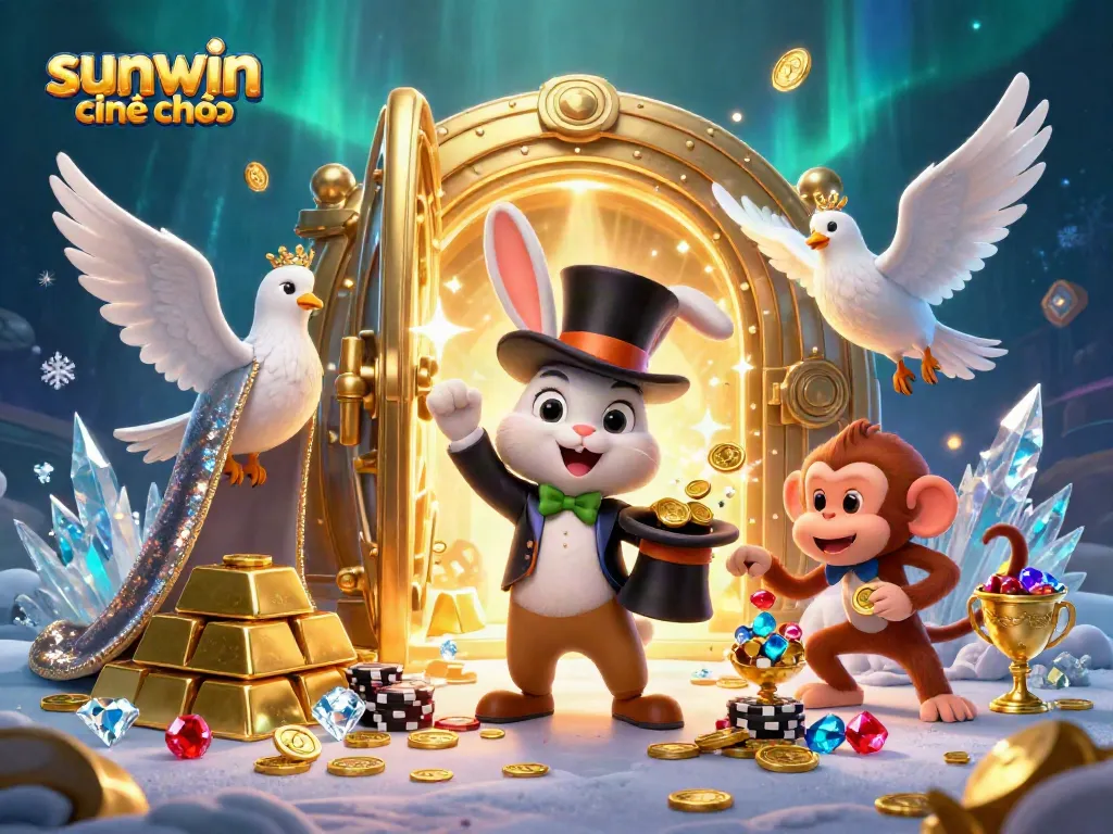 Experience excitement at sunwin chính chủ with a lively scene of a magician rabbit, glamorous dove, and playful monkey amidst treasures and casino elements.