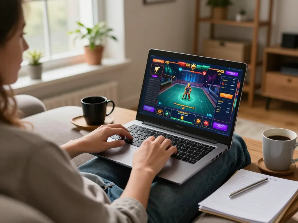 Engaged player exploring casino online esteri on a laptop in a cozy home setting.