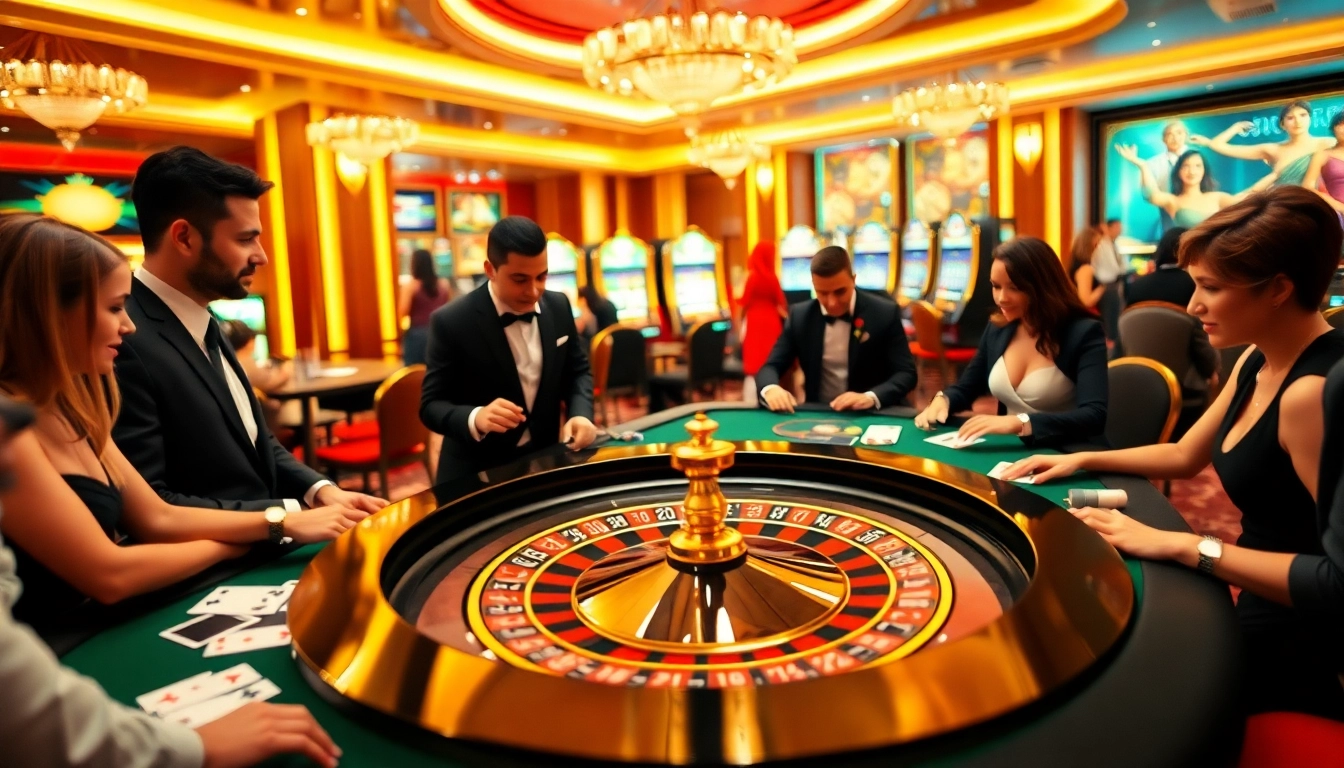 Scène passionnante de casino en ligne Français avec des joueurs à une table de roulette vibrante et des jetons de poker colorés.