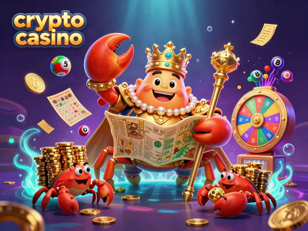 Catch the excitement at this crypto casino with a vibrant scene featuring a golden crab emperor and lively game elements.