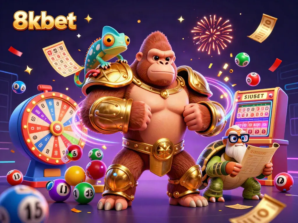 Engage with thrilling gaming action at 8xbet, featuring vibrant lottery elements and dynamic casino characters.
