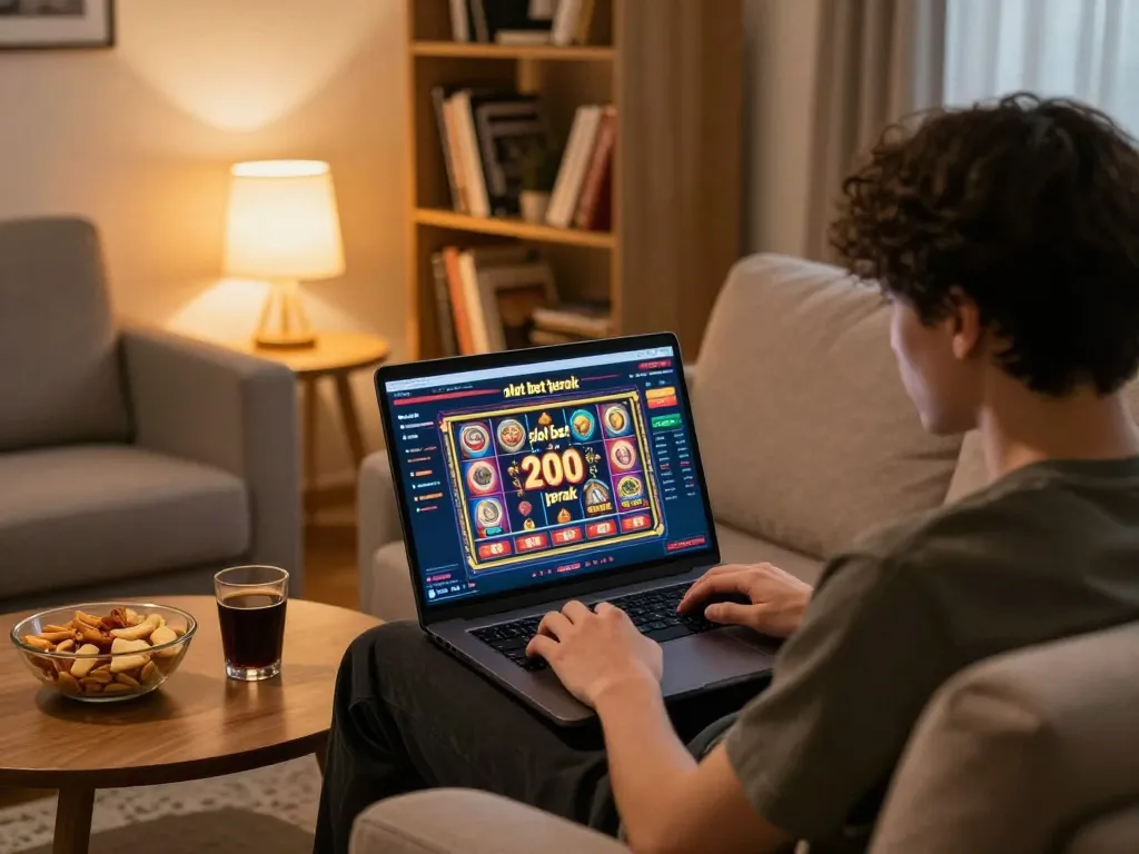 Engaged in slot bet 200 perak, a player enjoys online gaming in a cozy home setup.