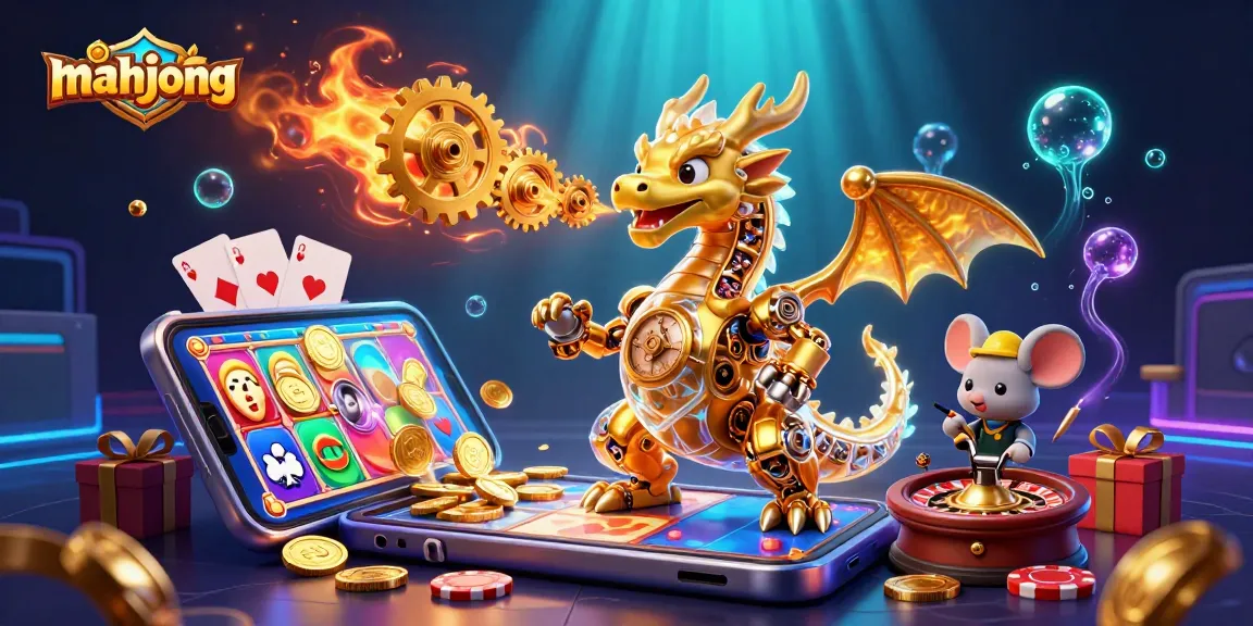 Play mahjong with vibrant slot game visuals, golden coins, and engaging bonuses in a lively scene.