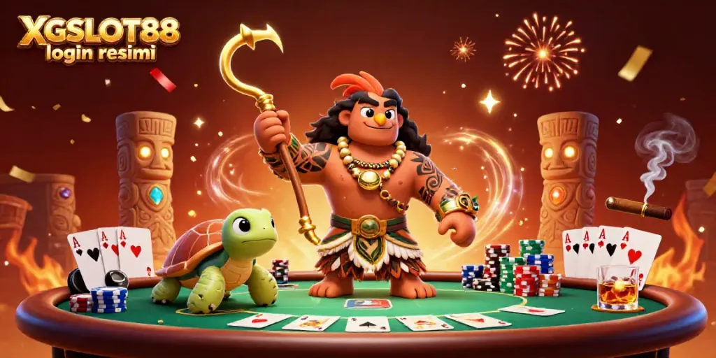 Gambarlah XGSLOT88 login resmi yang menghadirkan demigod dan elemen kasino dalam suasana meriah.