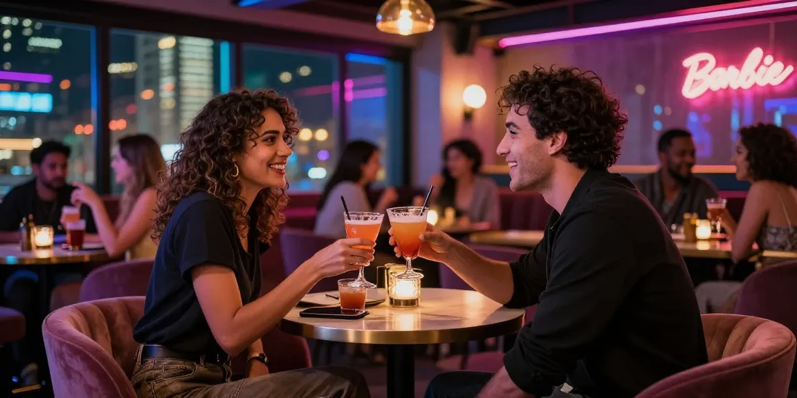Adults enjoying vibrant nightlife in a bar, engaging in playful conversation highlighting سكس زنوج theme.