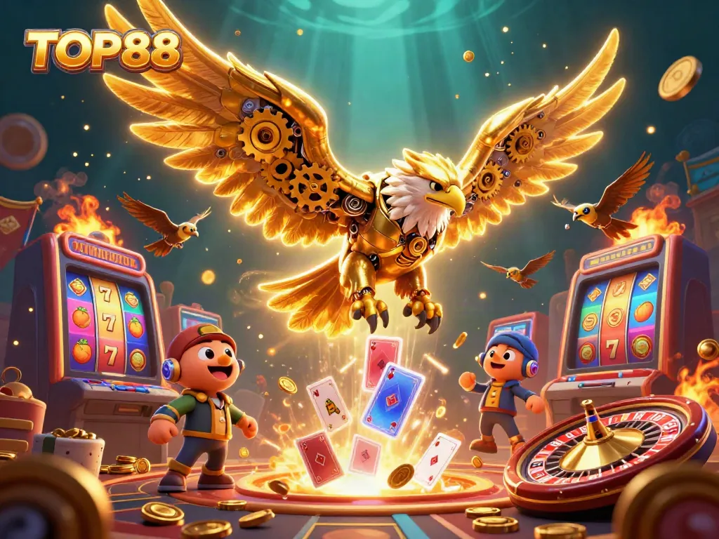 Experience thrilling gameplay with TOP88 featuring a cybernetic eagle in a dynamic casino environment.