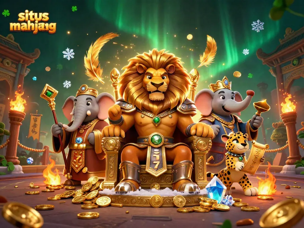 Experience situs mahjong with an energetic scene featuring the lion king, elephant advisor, and cheetah messenger.