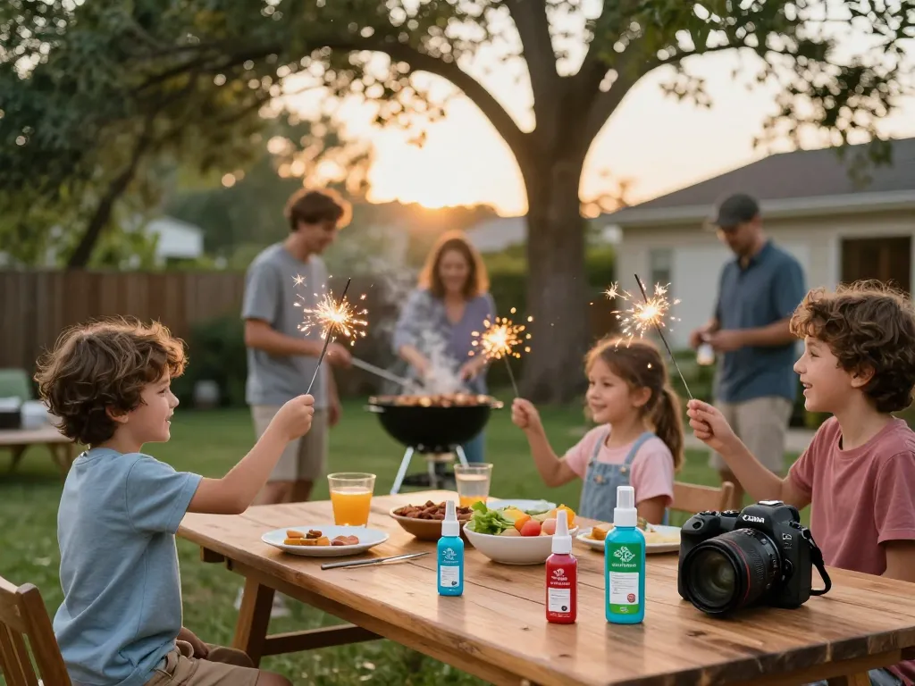 Family enjoying a backyard barbecue with mosquito repellent products visible, highlighting outdoor safety.