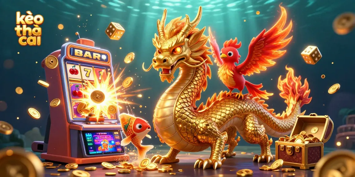 Experience the thrill of kèo nhà cái with 3D casino elements, featuring a dragon, phoenix, and koi fish.