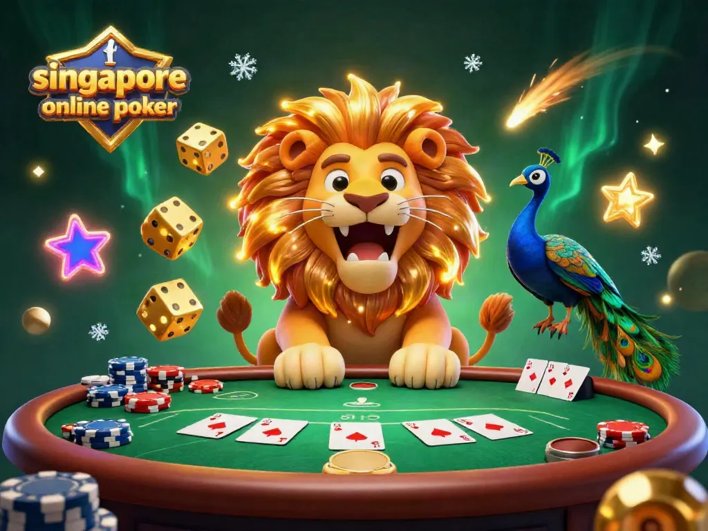 Engage with singapore online poker in this vibrant, cartoon-style illustration featuring poker games, cards, and lively characters.