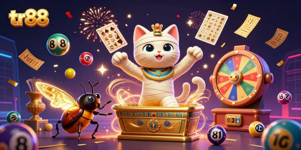 Experience the thrill of tr88 with Egyptian mummy cats and glowing lottery elements in a vibrant 3D casino.