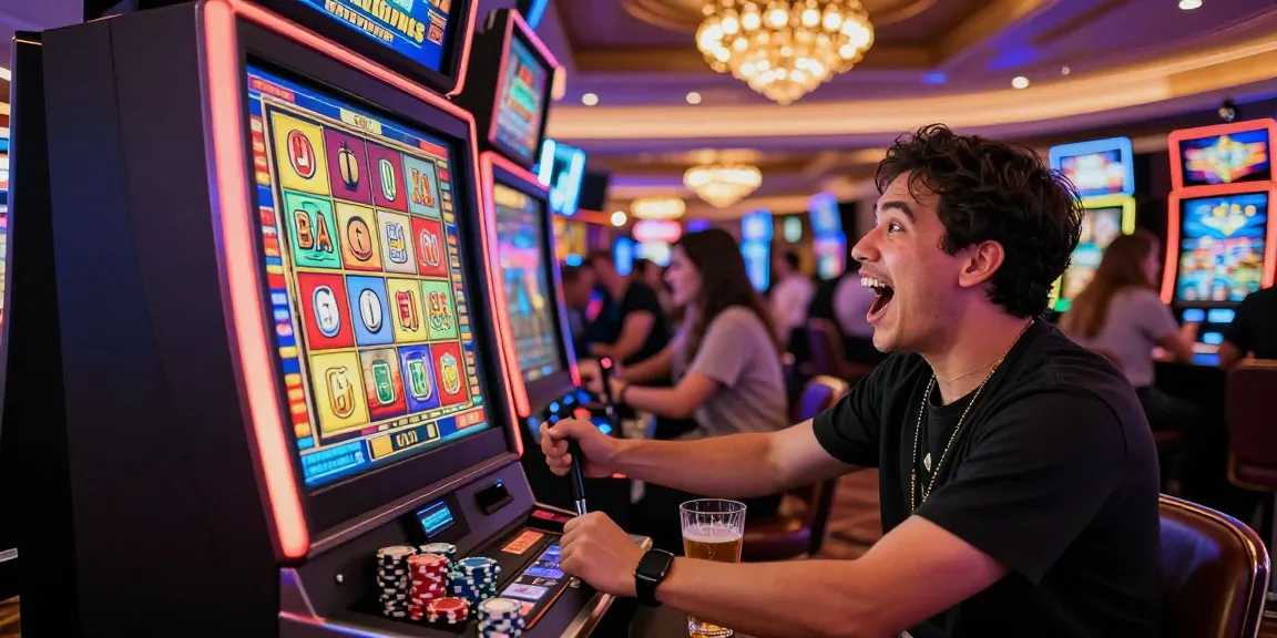 Player thrilled by a slot jackpot win amidst a lively casino scene.