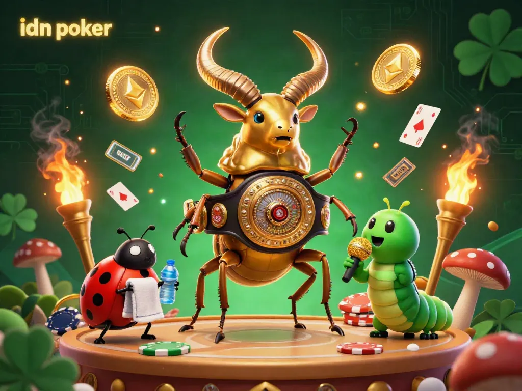 Exciting game scenario in idn poker with a colossal beetle champion and vibrant poker elements.
