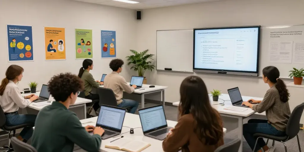 Toto online language course students actively participating in interactive learning environment.