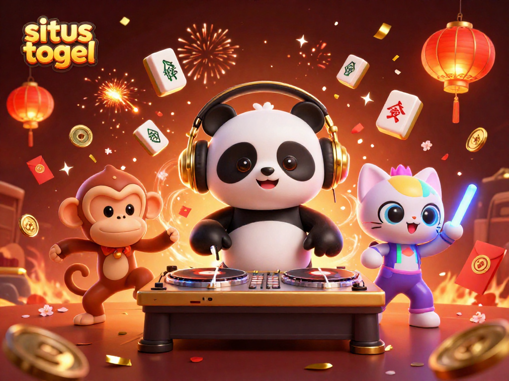 Experience exciting situs togel action with a DJ panda, breakdancing monkey, and vibrant celebration all around.