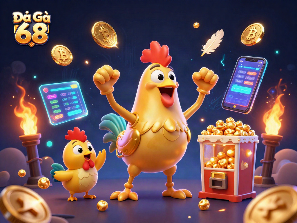 Observe Đá Gà 68 action in a vibrant 3D illustration filled with coins and excitement.