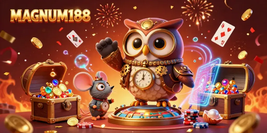 Experience the thrills of MAGNUM188 with vibrant casino elements and engaging characters in a festive 3D scene.