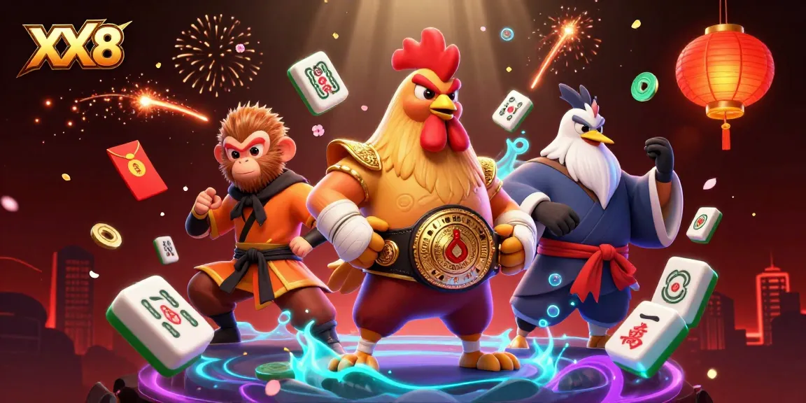 Immersive XX8 casino illustration showcasing a fierce rooster, monkey, and crane amid vibrant gaming elements.