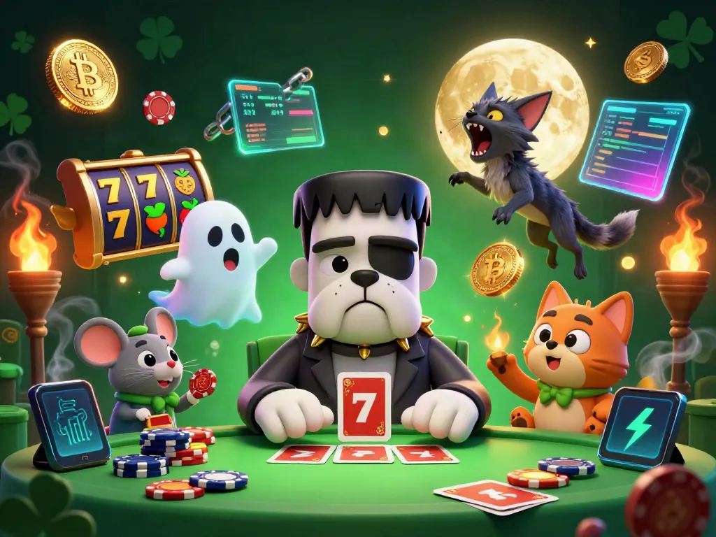 Engage with slot gameplay features, showcasing a 3D bulldog monster dealer amidst vibrant symbols and cryptocurrency elements.