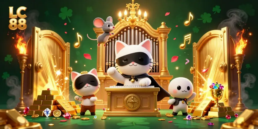 Win big with LC 88 at a luxurious casino featuring a whimsical scene with a phantom cat and treasures.