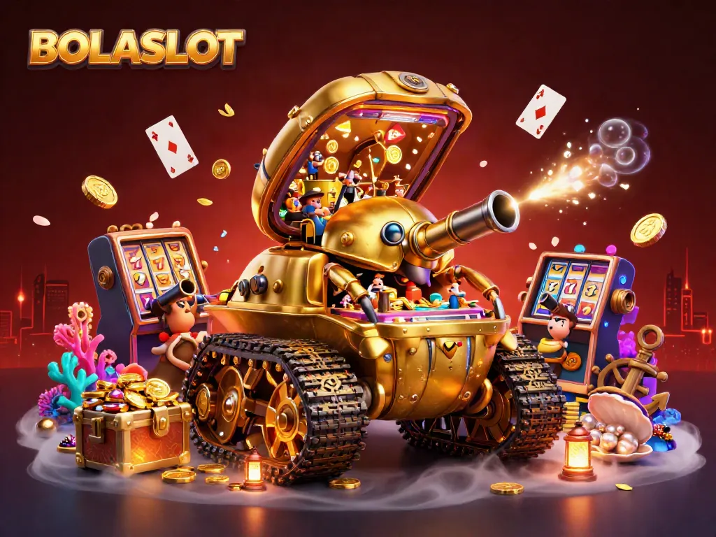 Experience vibrant gameplay with BOLASLOT in a dynamic 3D illustration featuring a golden beetle tank revealing a mini casino.
