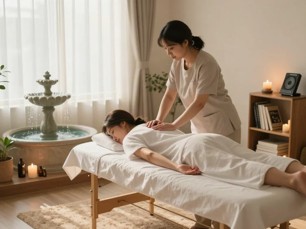 Relaxing 성남출장안마 experience in a serene wellness environment with a massage therapist and calming decor.