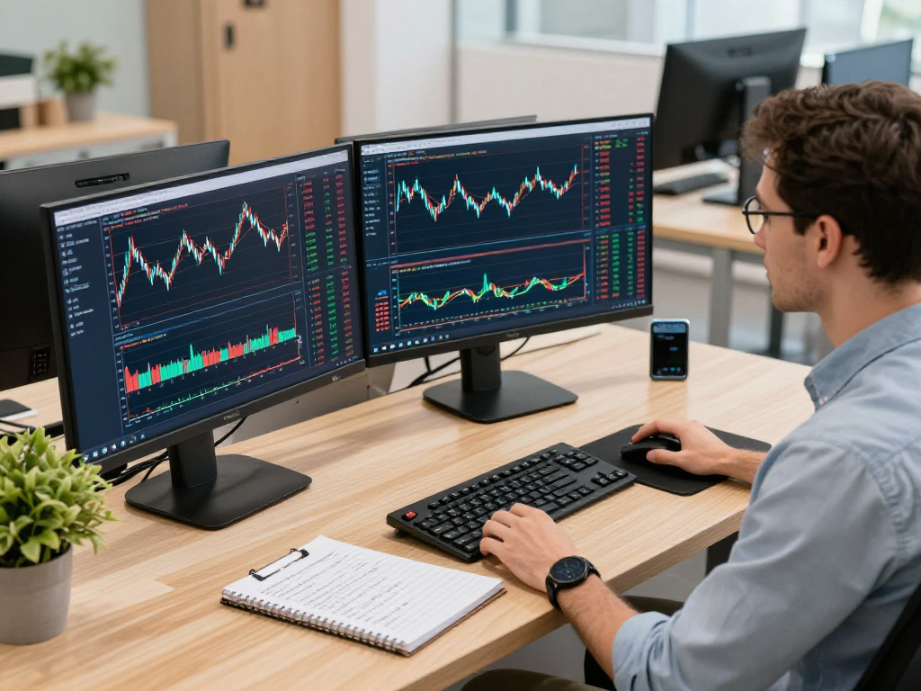 在TradingView官网上，交易者在现代办公环境中分析金融市场数据，现场氛围高度集中，显示出专业与策略相结合的精髓。