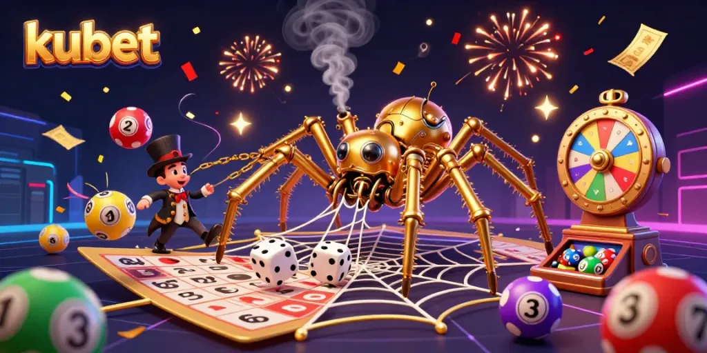 Experience excitement at kubet with a lively illustration of a golden spider, bingo cards, and festive lottery balls.