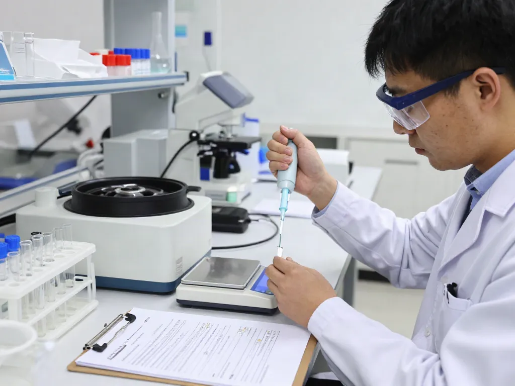 Buy klow peptide Canada in a modern lab setting where a scientist analyzes the peptide blend with precision and care.