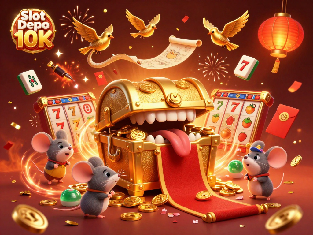 Experience the thrill of Slot Depo 10K with adventures and endless riches in this vibrant casino scene.