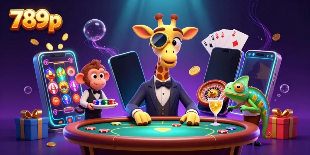 Experience the thrill of 789p's high-stakes gambling with characters and vibrant casino elements in action.