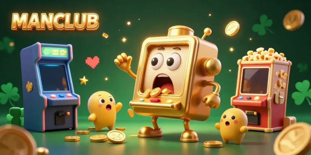 Experience the excitement of MANCLUB as the golden slot machine hits a jackpot, surrounded by cheering baby machines and golden popcorn.