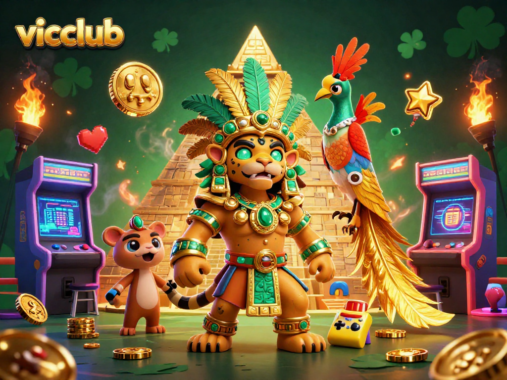 Play exciting games and win big at vicclub with a stunning 3D casino scene showcasing vibrant gaming elements.