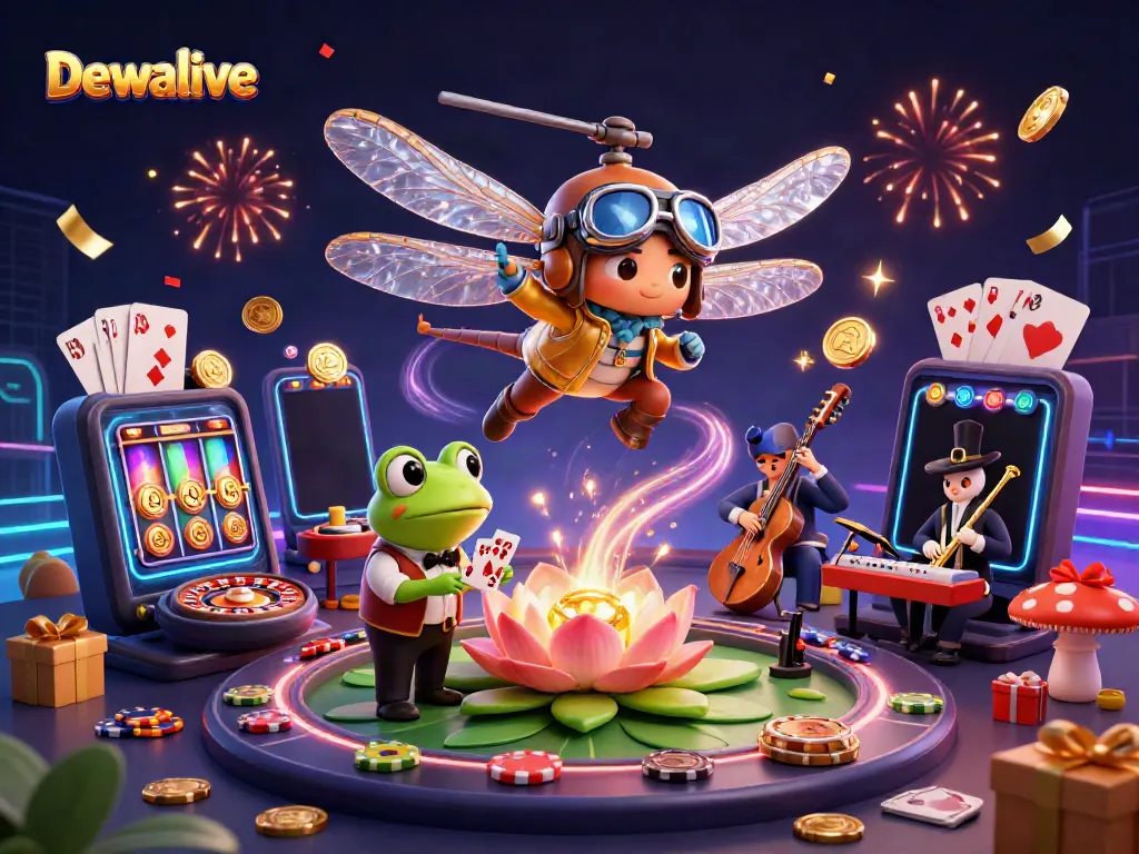 Engage with the dynamic world of Dewalive, featuring vibrant casino elements and cartoon characters.