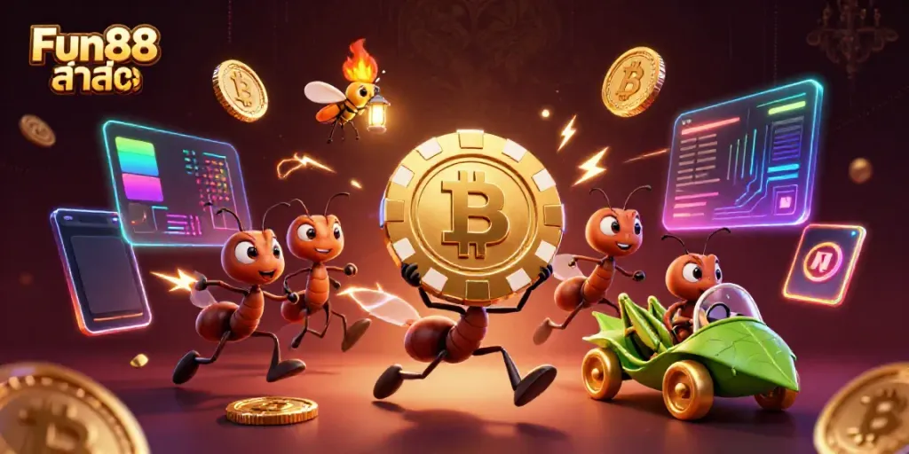 Engage with Fun88 ล่าสุด as cartoon ants embark on a heist, showcasing vibrant gambling elements in a rich scene.