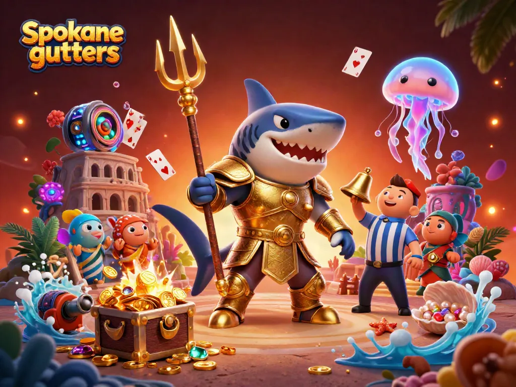 Engage with Spokane gutters in a vibrant underwater scene featuring gaming elements, colorful characters, and treasure.