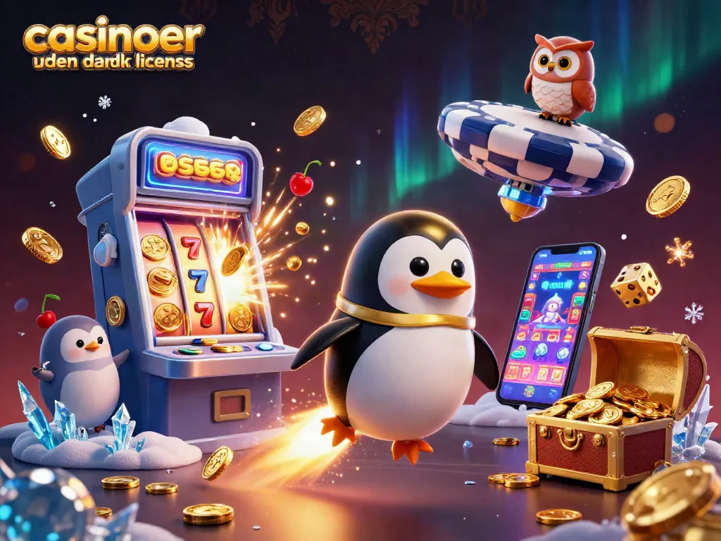 Engaging scene with casinoer uden dansk licens featuring a rocket penguin and slot machine in space