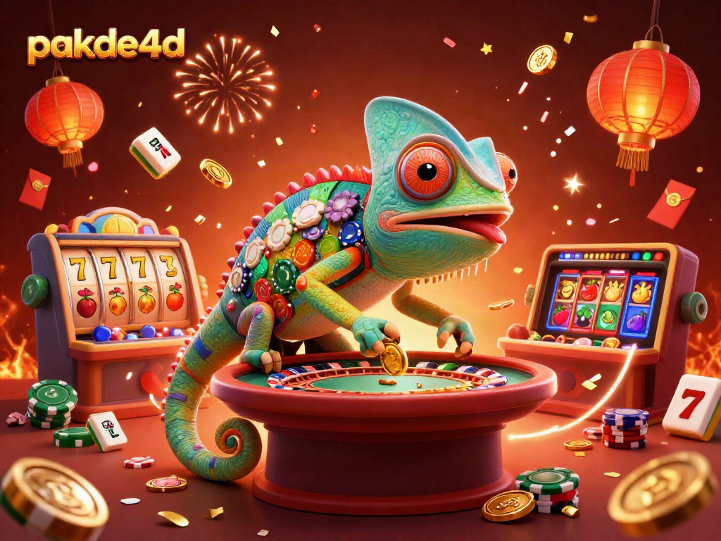Experience the thrill of pakde4d with a vibrant casino scene full of chameleons and slot games.