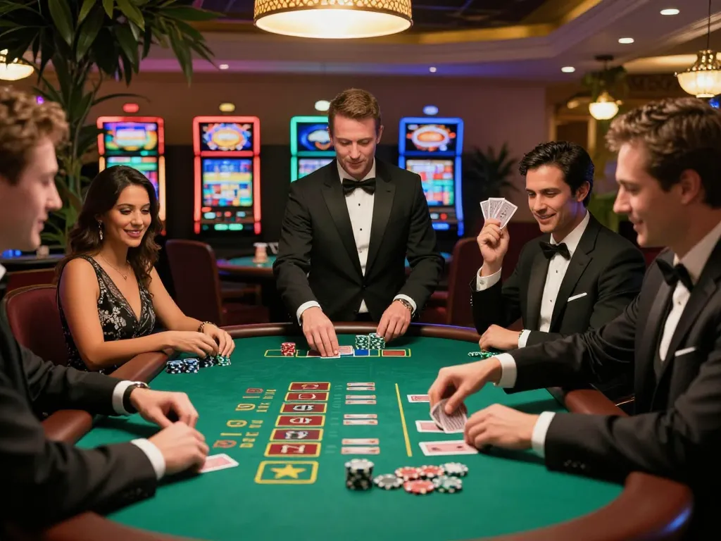 Engaging moment at a blackjack table with players betting and winning; apk slot gaming excitement