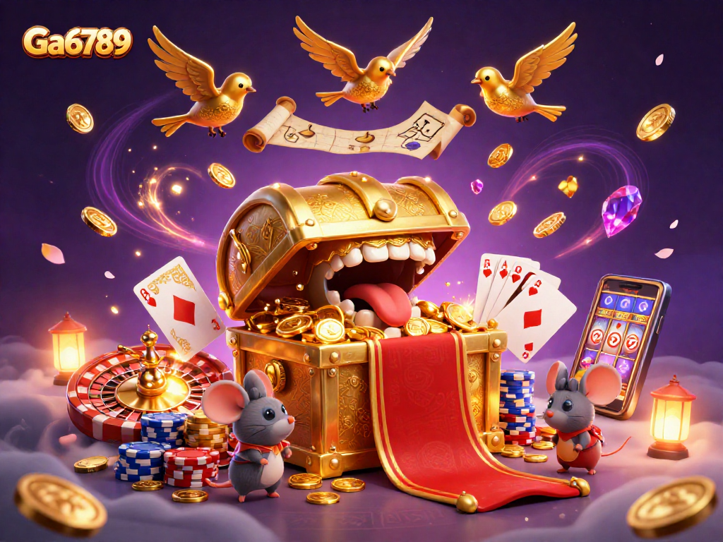 Play exciting games at Ga6789 with a treasure chest and vibrant casino elements.