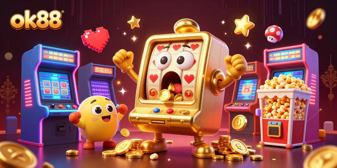 ok88 slot machine hits jackpot pouring coins, vibrant casino scene full of energy