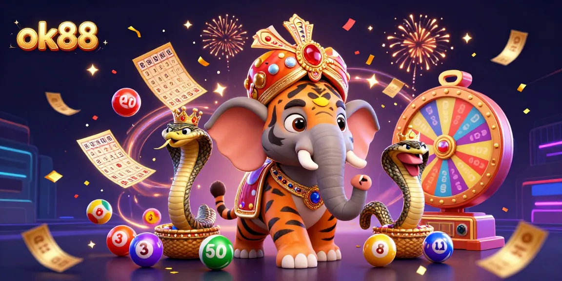 ok88 showcases an energetic maharaja tiger, elephant, and cobra celebrating with lottery elements.