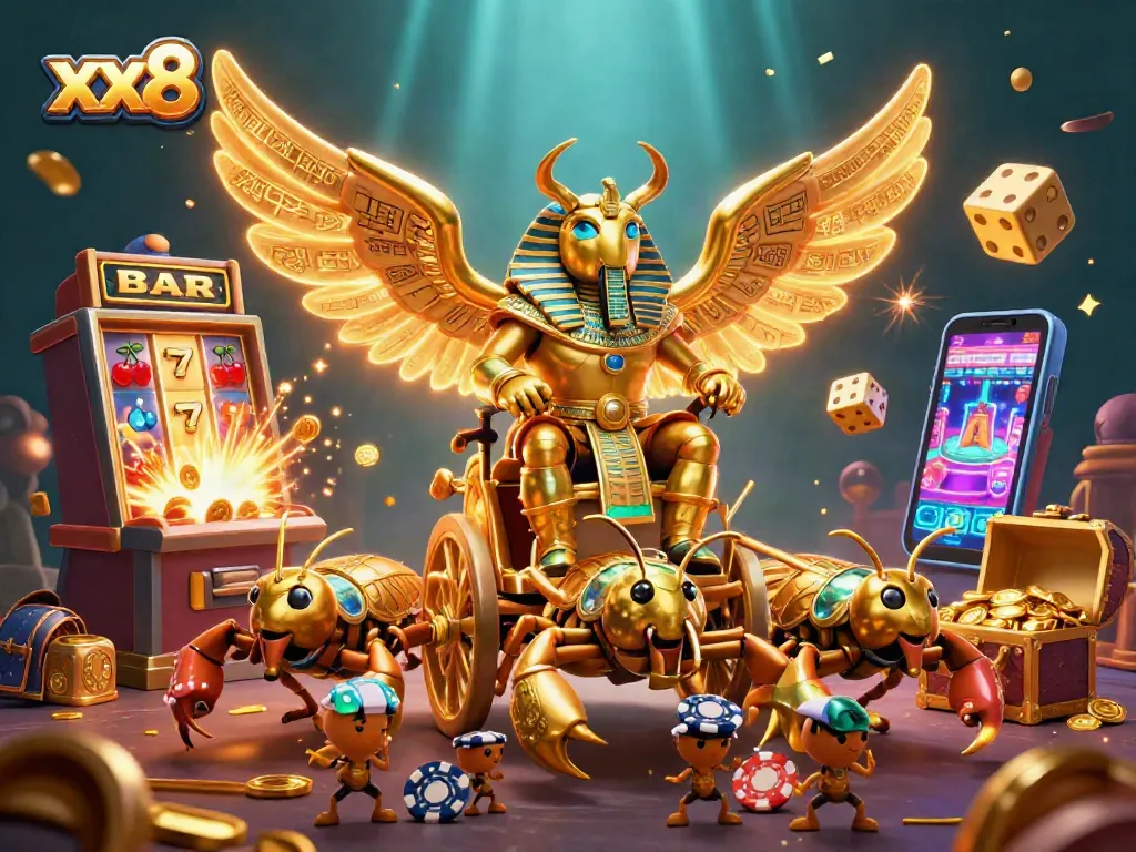 Win big with xx8 at this vibrant casino scene filled with playful characters and elements.