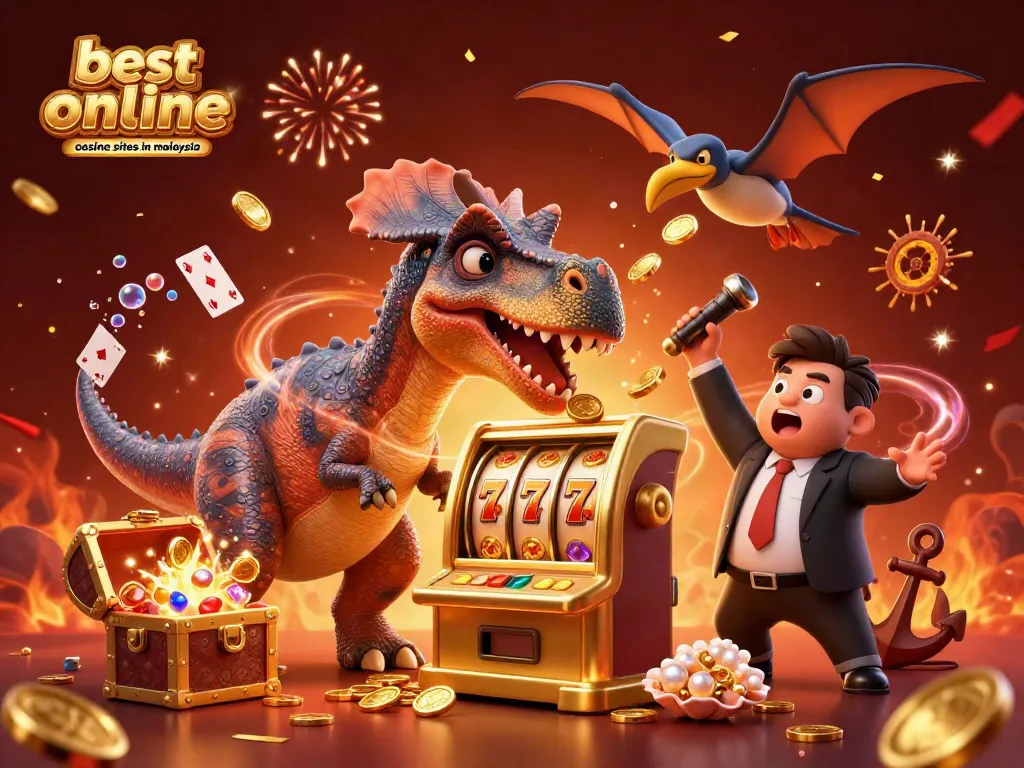 Winning big at best online casino sites in malaysia with a pachycephalosaurus headbutting a slot machine for coins.