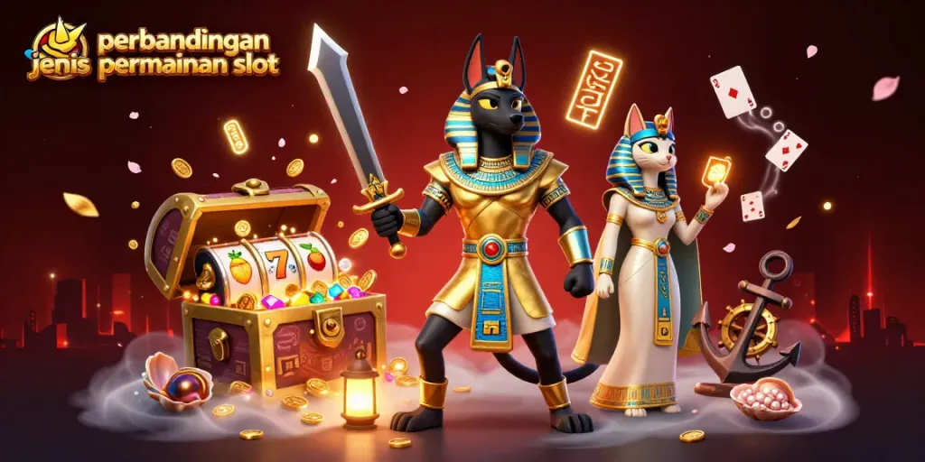 Gambarlah perbandingan jenis permainan slot dengan karakter Anubis dan Bastet dalam suasana perjudian yang penuh dengan simbol dan elemen keberuntungan.