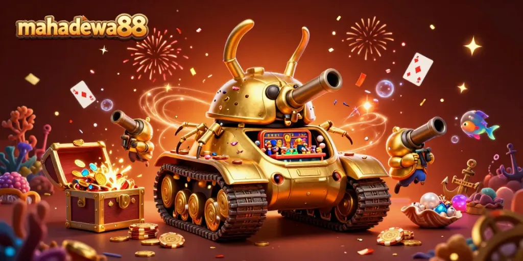 Join the excitement at mahadewa88 with a vibrant and energetic casino scene bursting with confetti and golden treasures.